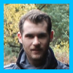 Headshot of Doug Belchamber with trees in the background and a blue border