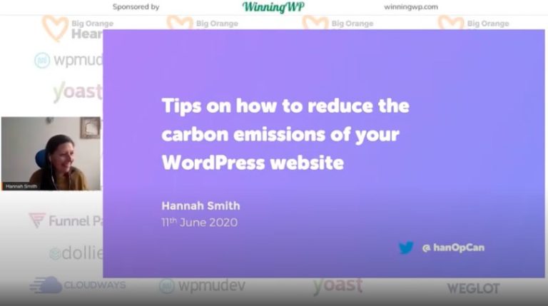 Hannah Smith presenting her talk Tips on how to reduce the carbon emissions of your WordPress website