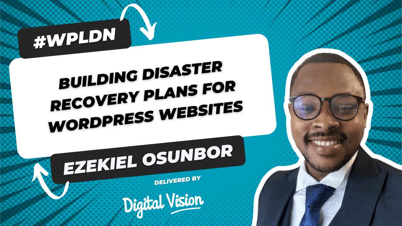 Event poster for #WPLDN featuring a presentation on building WordPress disaster recovery plans.