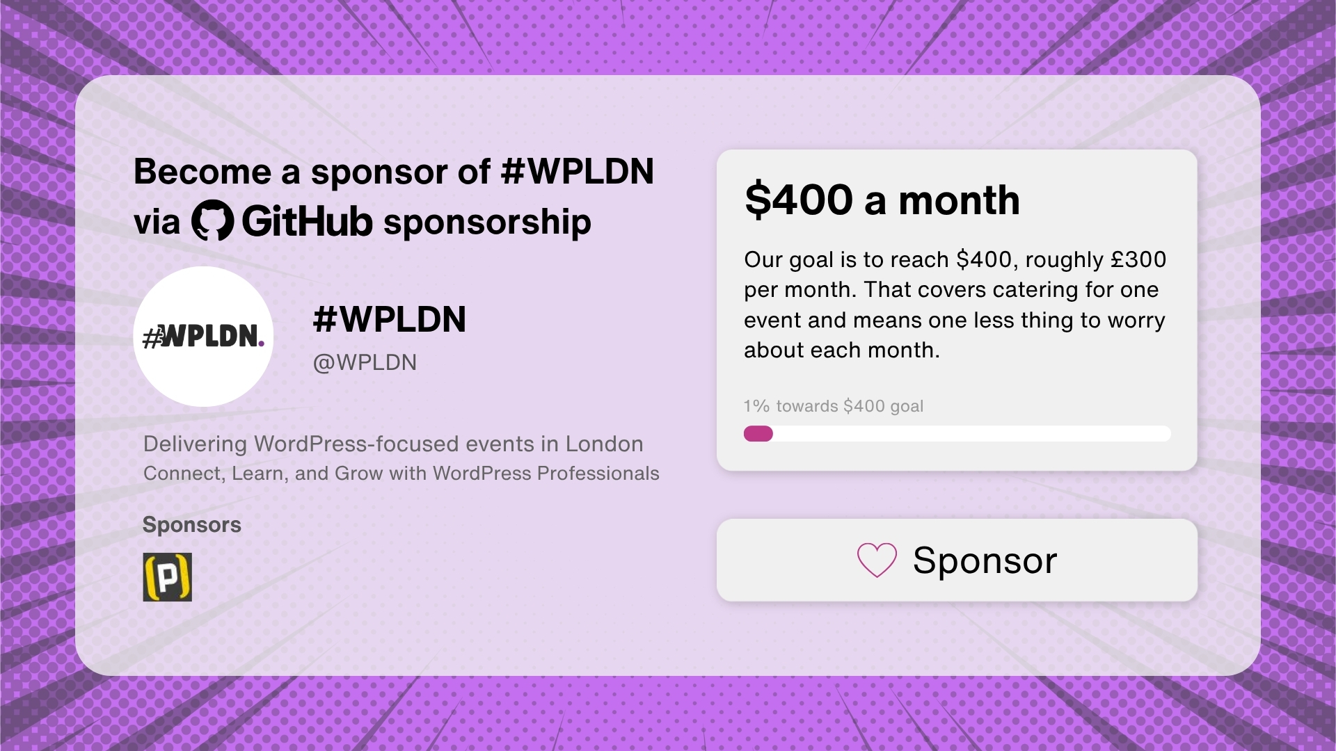 A mockup of the WPLDN GitHub sponsorship, displaying a $400 monthly target.